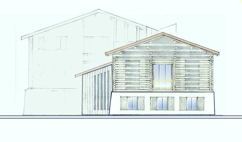 Detached building, log cabin style, ground floor elevated, numerous windows, small balcony