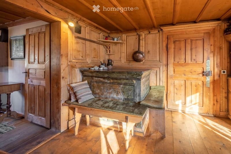 wooden bench, pillow, wooden door, wooden cupboard, table, shelves, light, picture frame, basket