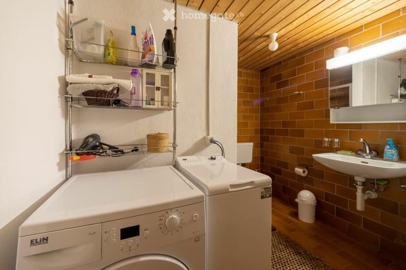 Laundry room, white washing machine, dryer, shelves, white sink, tiled wall