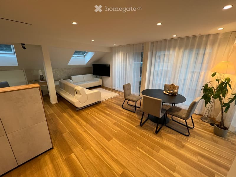 elevated living area, wooden floor, sofas, desk, television, round table, chairs, lamp, potted plant