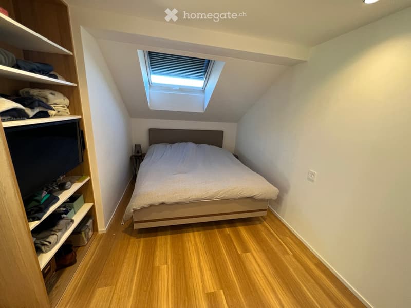Bedroom with wooden floor, ceiling bed, skylight, storage shelves, TV, and night table