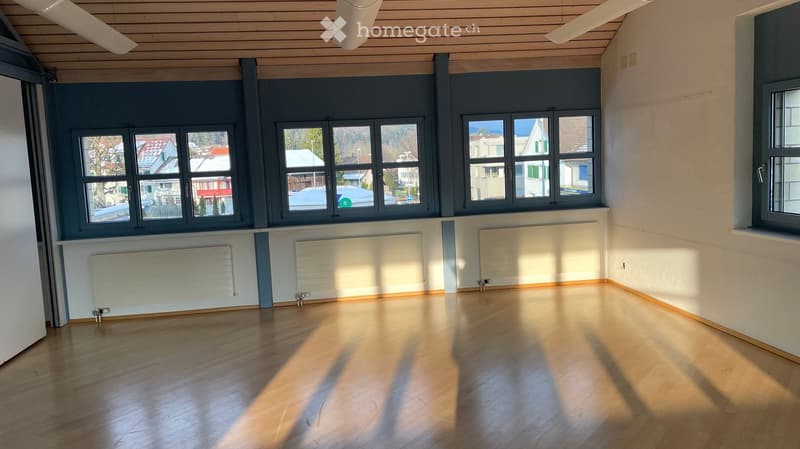 empty room with wooden floor and large windows, radiators, ceiling lamps