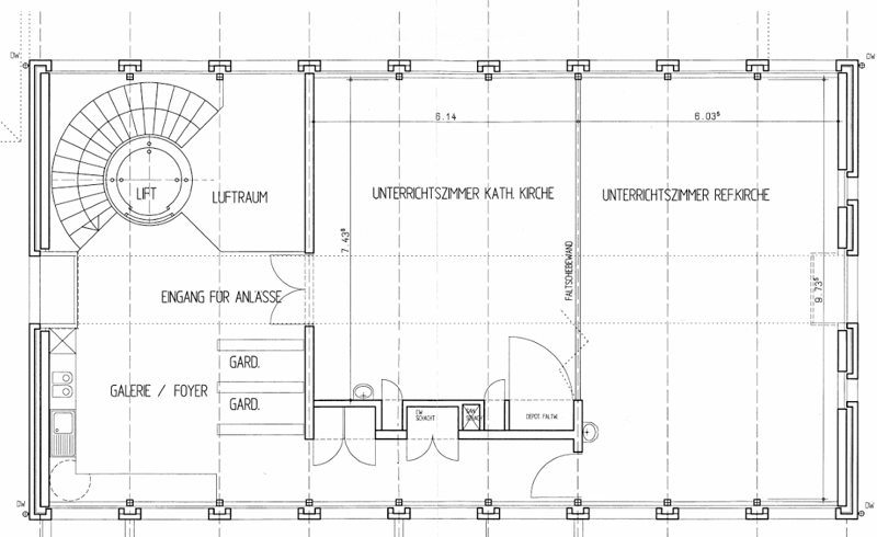 Staircase, two instruction rooms, two bathrooms, entrance for students, gallery, two gardens, storage room, depot