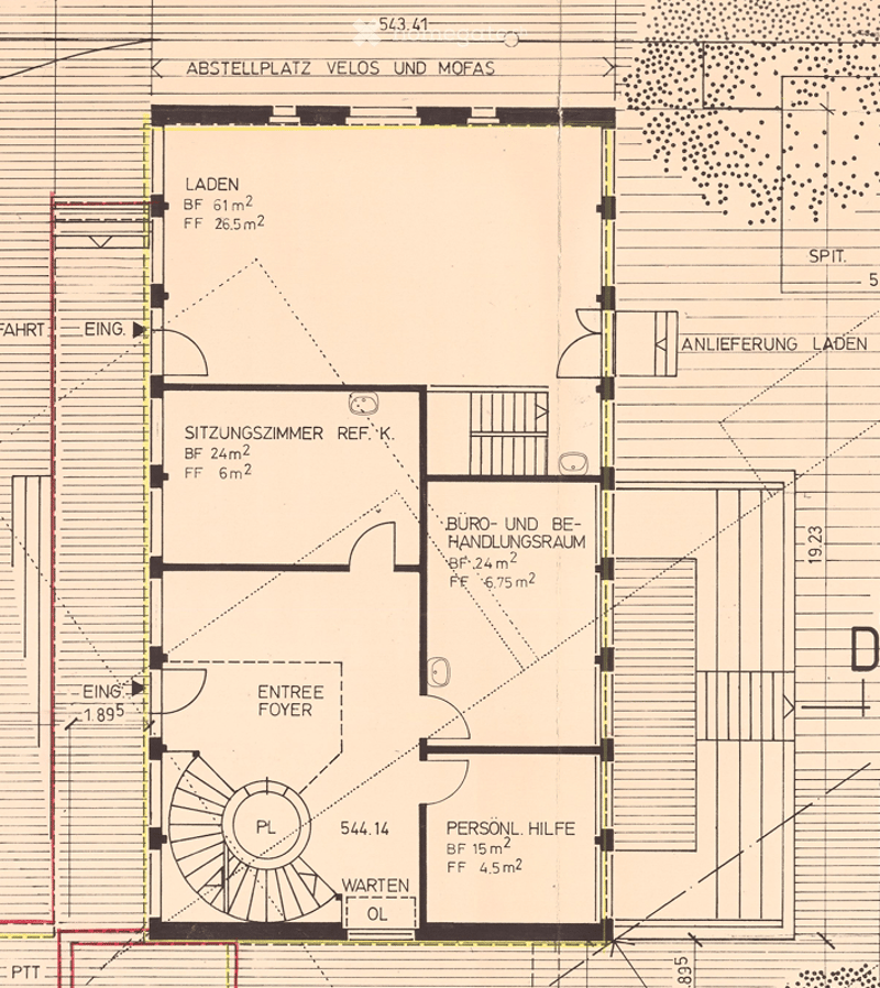 The floor plan shows the layout with entrance hall, living room, kitchen, storage room, office, and personal help area, along with dimensions for each room.
