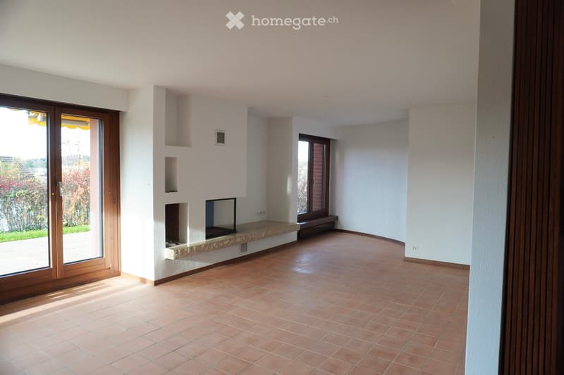 empty room, fireplace, glass doors, sliding windows, red tiles, white walls