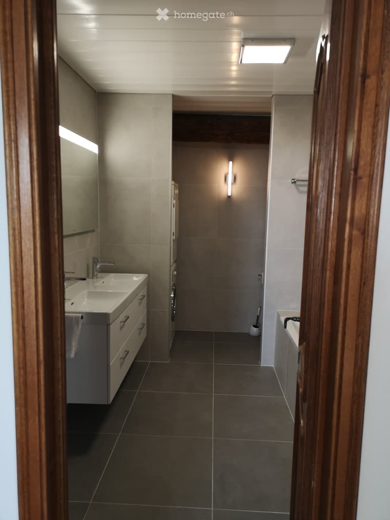 Bathroom, double sink, large mirror, bathtub, tiled floor, shower area, toilet, white walls, white cabinets, washing machine, and lamps
