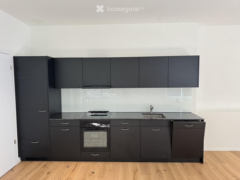 modern kitchen with black cabinets, granite countertop, stainless steel appliances, glass splashback, hardwood floor