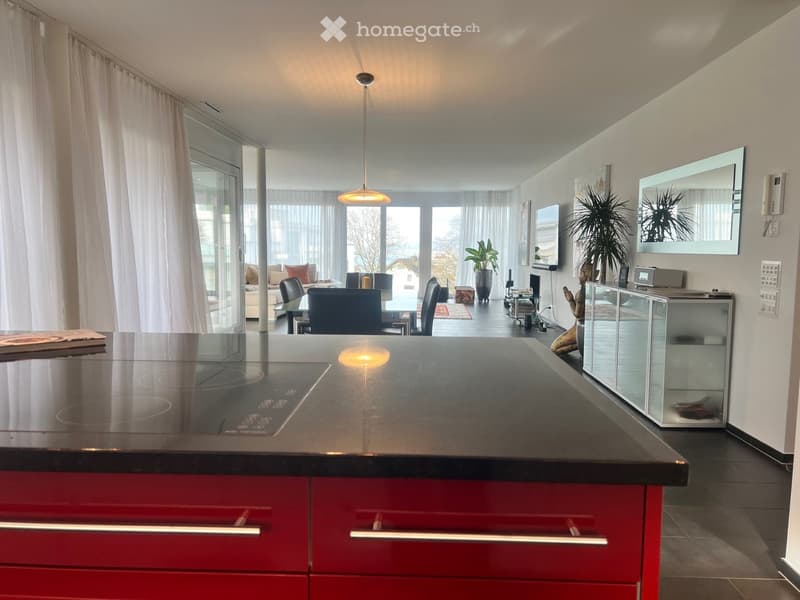 modern kitchen, red cabinets, black countertop, induction stove, dining area, glass doors to balcony