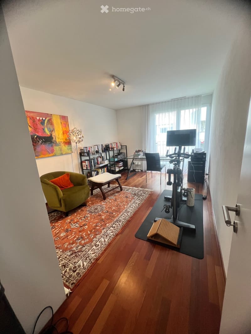 large window, wooden floor, modern decor, living room furniture, exercise bike