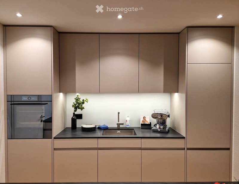 Modern kitchen with light grey cabinets, black countertop, built-in oven, sink, coffee machine, vase with flowers, and decorative items.