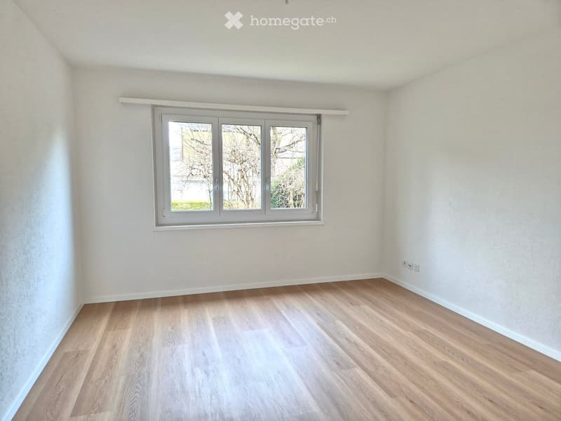 empty room, white walls, wooden floor, large window
