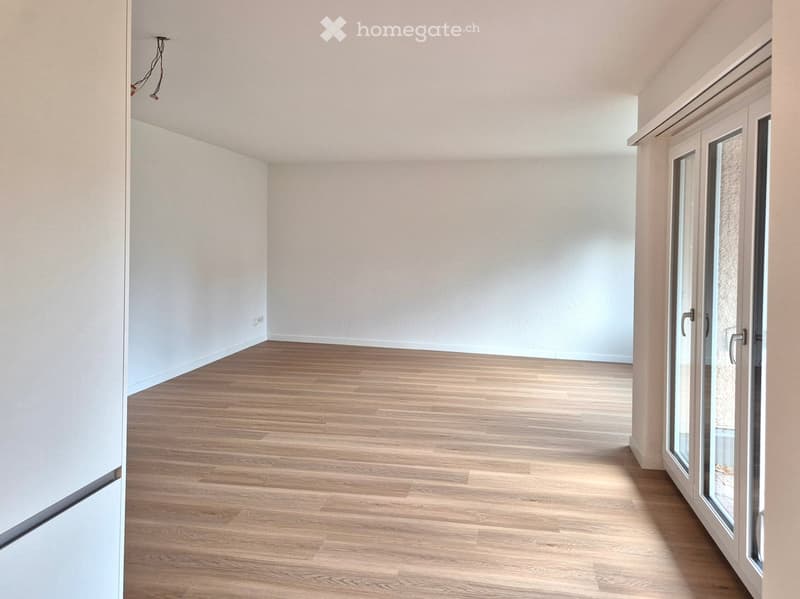 empty room, white walls, wooden floor, sliding doors leading to terrace