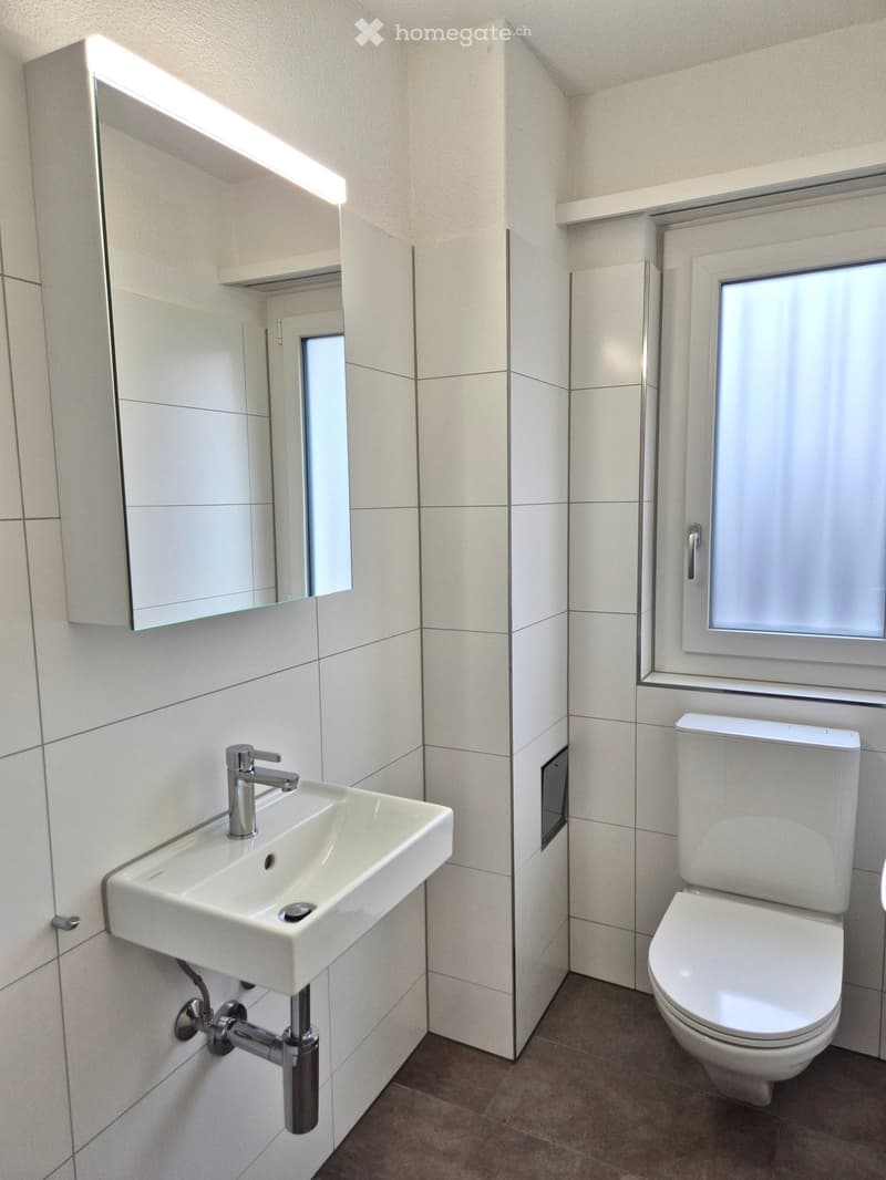 white tiled walls, white sink, silver faucet, mirror, window, white toilet