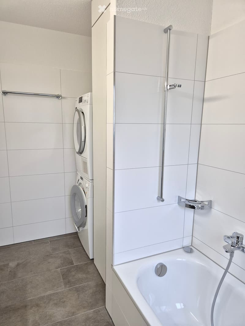 white tiles, white bathtub, white washing machine, stainless steel shower faucet, white sink