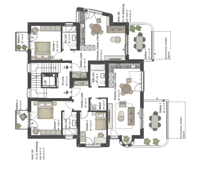 Floor plan: 2 bedrooms, 2 bathrooms, living room, kitchen, balcony, laundry room, entrance hall, dressing room