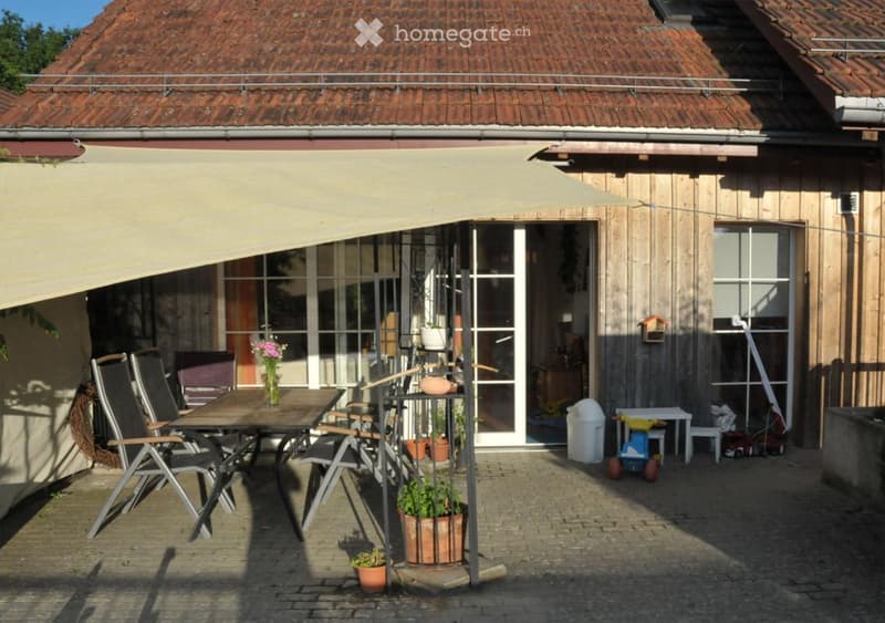 backyard, wooden house, patio, dining table, chairs, canopy, potted plants, flowers