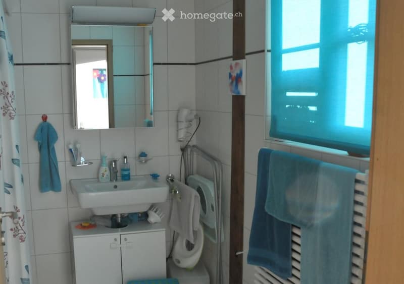 White tiled walls, sink with mirror above, toilet, radiator, towel rack, and a handheld shower.
