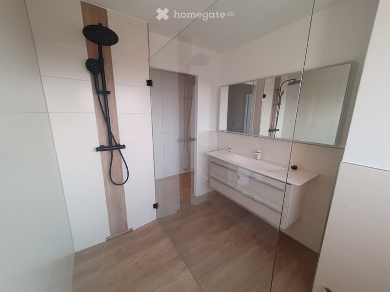 shower room with wooden floor, glass wall, mirror, white sink with faucet, black shower head