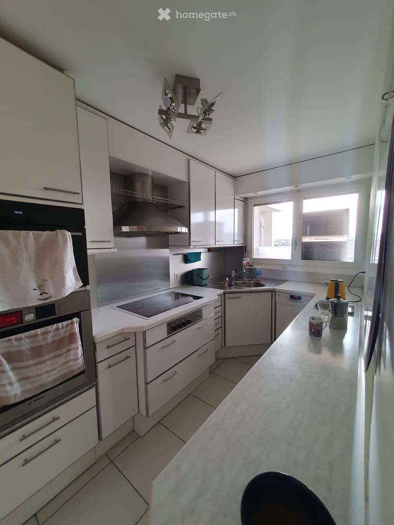 Modern kitchen with white cabinetry, tile flooring, electric oven, induction stove, under-cabinet lighting, and a dishwasher.