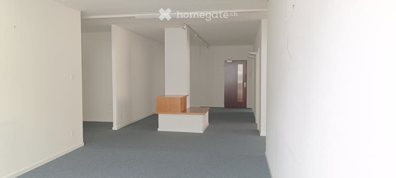 Empty room, white walls, gray carpet, wooden bench, white ceiling, door at the end