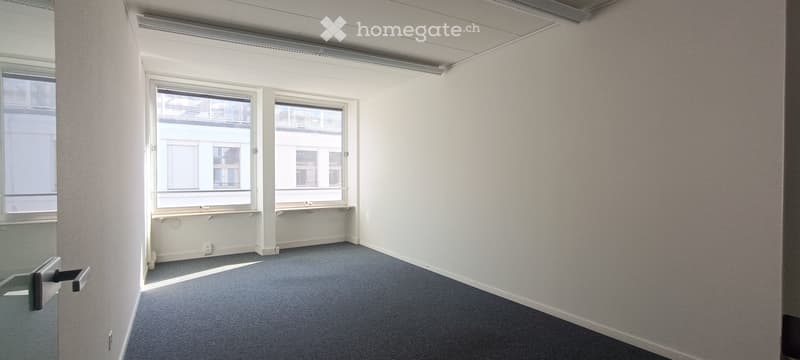 empty room, white walls, gray carpet, two windows, ceiling lights