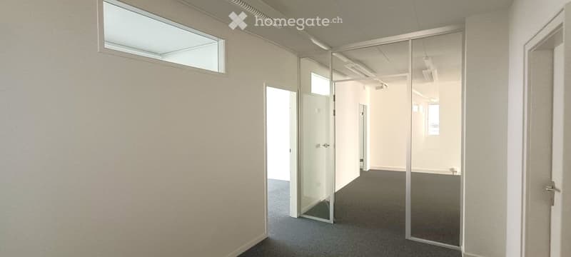 Empty room with white walls, glass doors, and windows, gray carpet, and ceiling lights