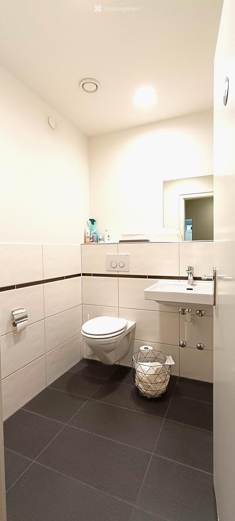 Bathroom: white tiles, white toilet, white sink, mirror, white light fitting