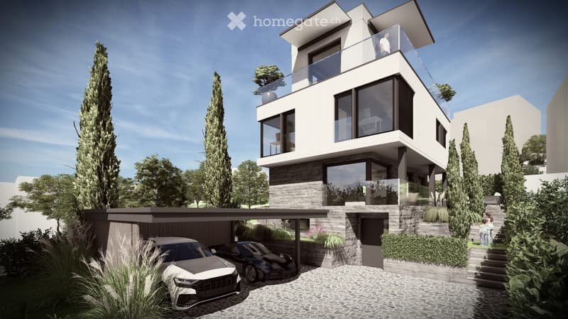3-story building with a balcony, covered carport, white exterior, black windows, paved driveway, parked cars, and landscaped garden