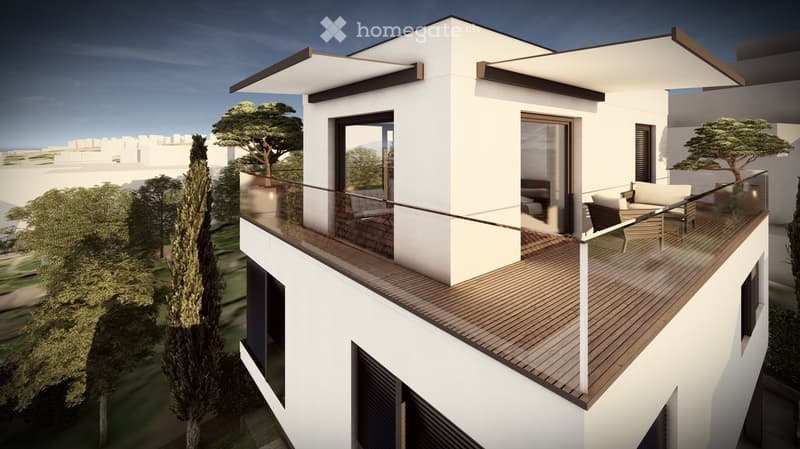 Contemporary design white building, elevated level, wooden deck balcony with glass railing, patio furniture