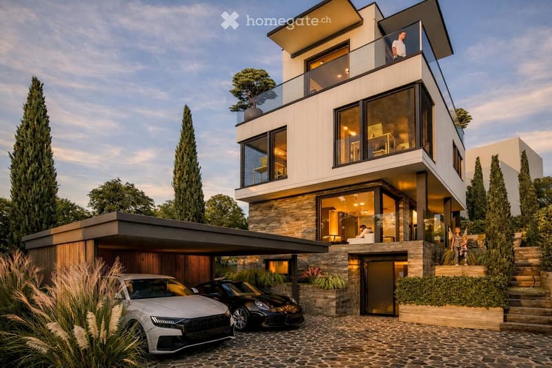 Modern two-story house with a balcony, garage for two cars, raised ground floor.