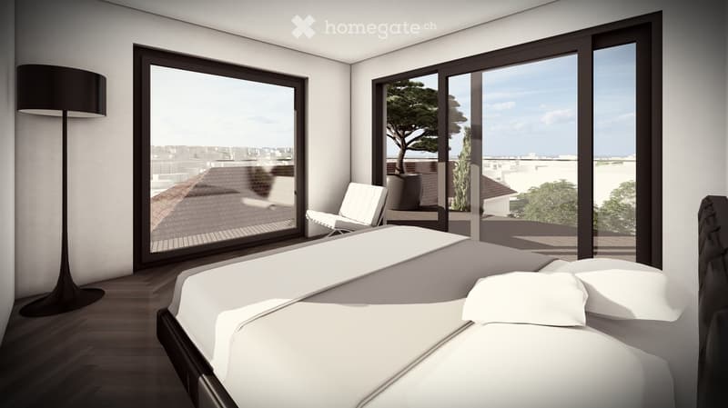 King size bed, wooden floor, white walls, 3 large windows, floor lamp, armchair, balcony