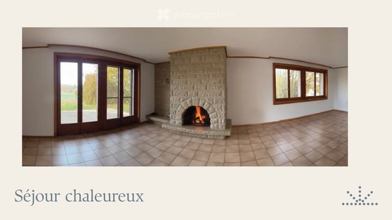 living room with fireplace, large windows