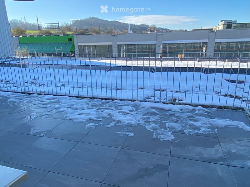 roof terrace with metal railings, tiled floor, snow cover