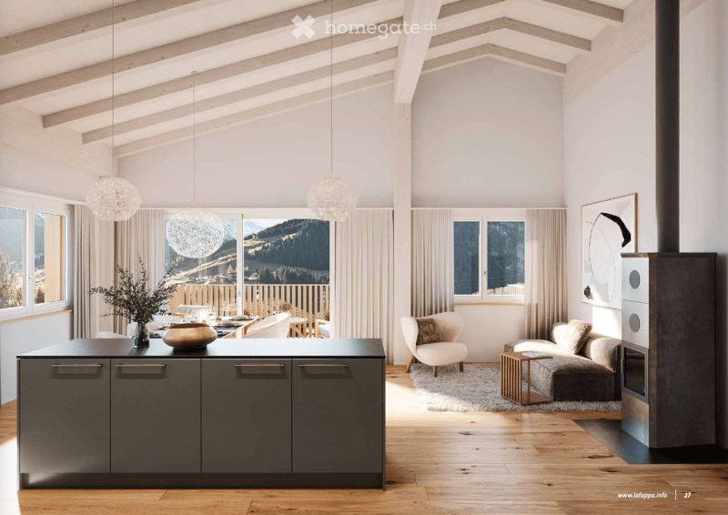 open living room, modern kitchen, 2 large windows, balcony, couch, fireplace, dining table, modern design