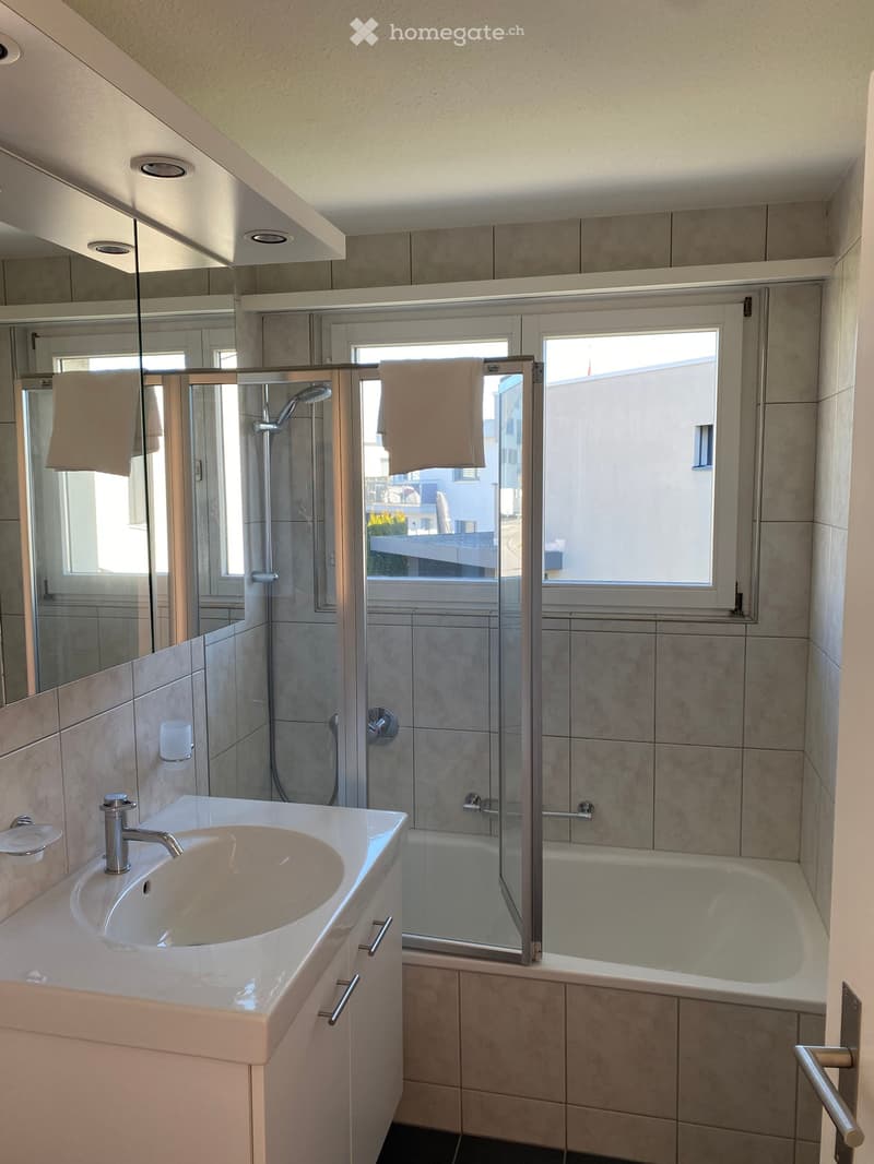 Bathroom: white sink, shower, bathtub, large mirror, tiles, window