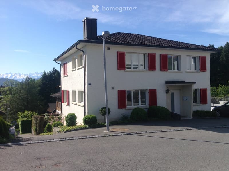 2 story white house, red shutters, chimney, mountain view in the background