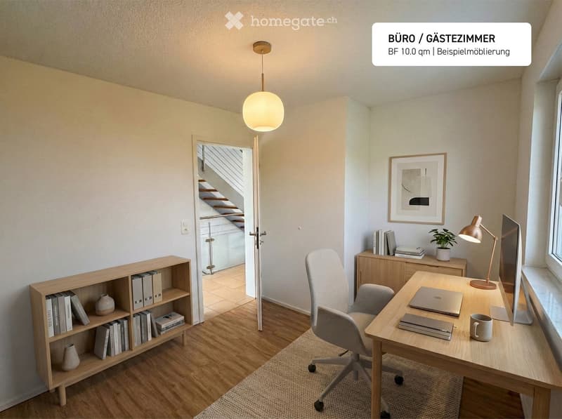 Light wood floors, open door to another room, white desk with lamp and computer, wooden bookcase, and rolling office chair.