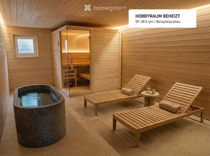 wooden sauna cabin, round bathing tub, two wooden lounge chairs, wooden bench, tiled floor, wooden ceiling