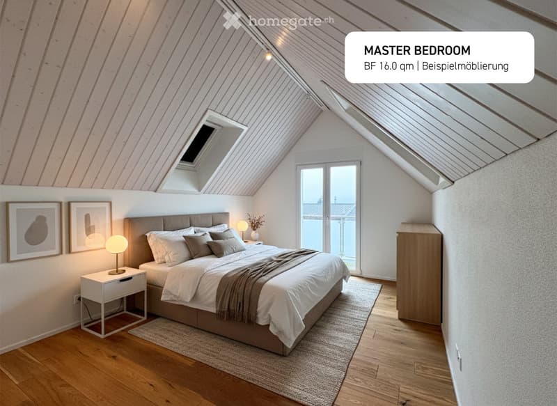 master bedroom, wooden flooring, sloped ceiling, bed, lamps, nightstands, rug, windows, skylight