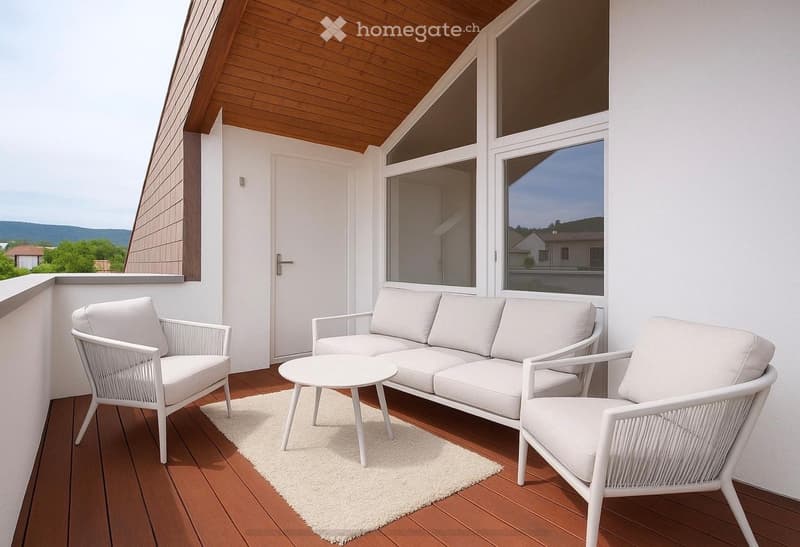 Balcony with white modern seating and table, wooden floor, white rug, view