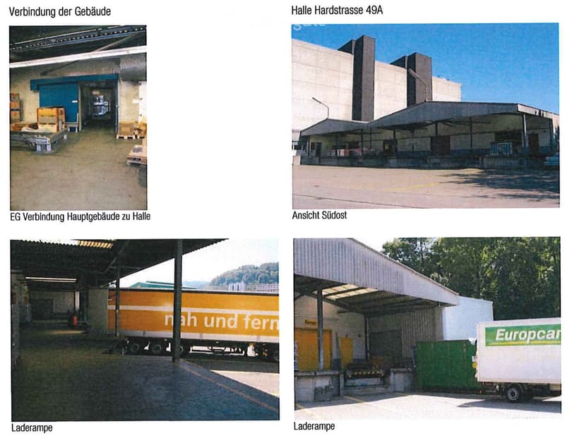 Industrial building, warehouse, large entrance, loading docks, parking area, delivery trucks, concrete flooring, steel structures, storage areas, south-east view