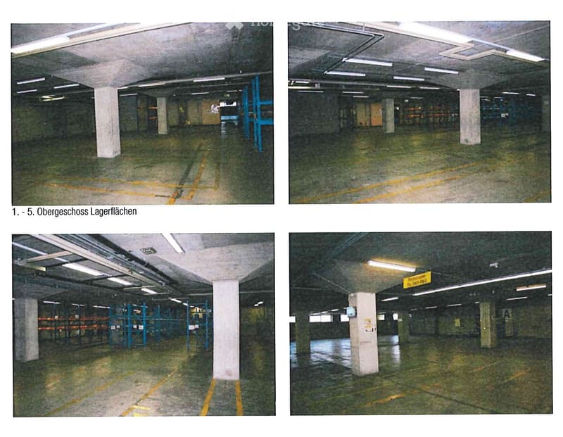 4 images of an empty underground parking lot with fluorescent lighting and white pillars, yellow parking lane markings, shelves and other storage units.