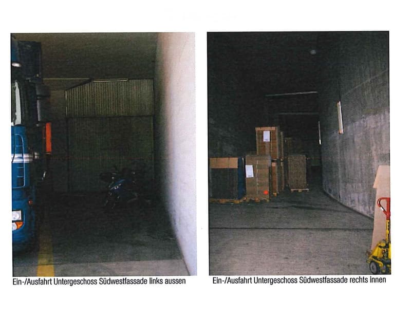 An underground garage with entrance and exit on the southwest facade