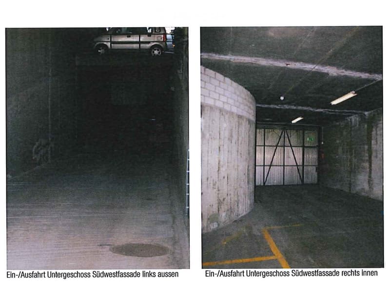 two pictures of an underground parking space showing a dark entrance and a lit parking space with pillars