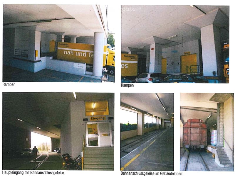 The images show different parts of a parking facility, including ramps, a parking area with cars, a main entrance with a door, a train loading gate, and interior views with lighting.
