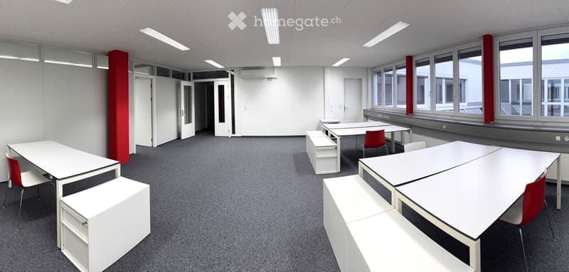 empty office, white furniture, long tables, benches, chairs, windows, ceiling lights