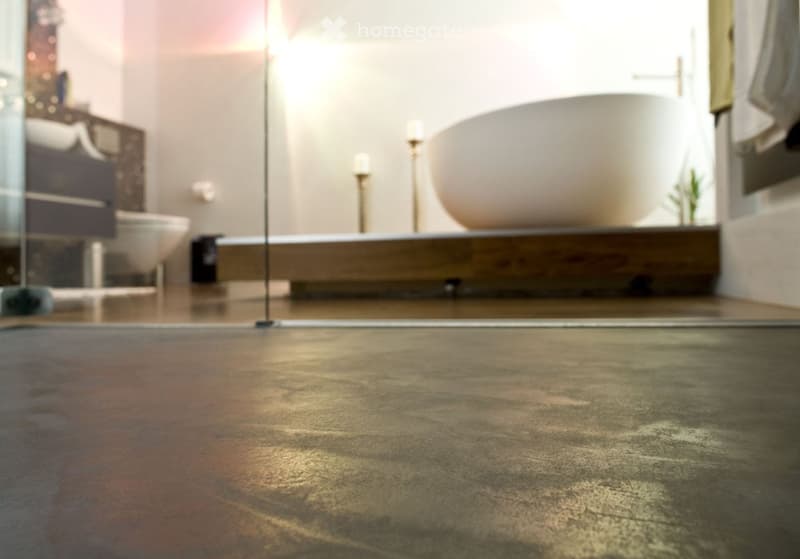 modern bathroom with large freestanding bathtub, walk-in shower, marble floor, minimal design