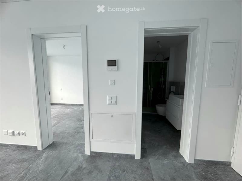 Empty room with gray floors, white walls, and white tiles. Two switches and one thermostat are mounted on the wall. The room connects to the bathroom.