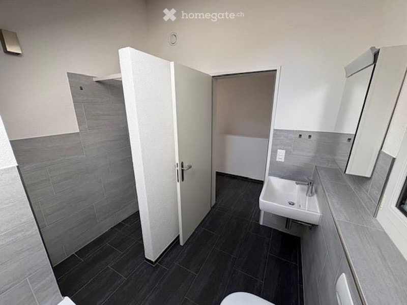 white and gray tiled walls, white floor, white sink, silver faucet, white toilet, white light fixture