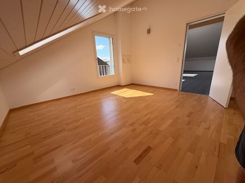 Empty room with wooden floors, skylights, a window with a balcony, and a door to another room